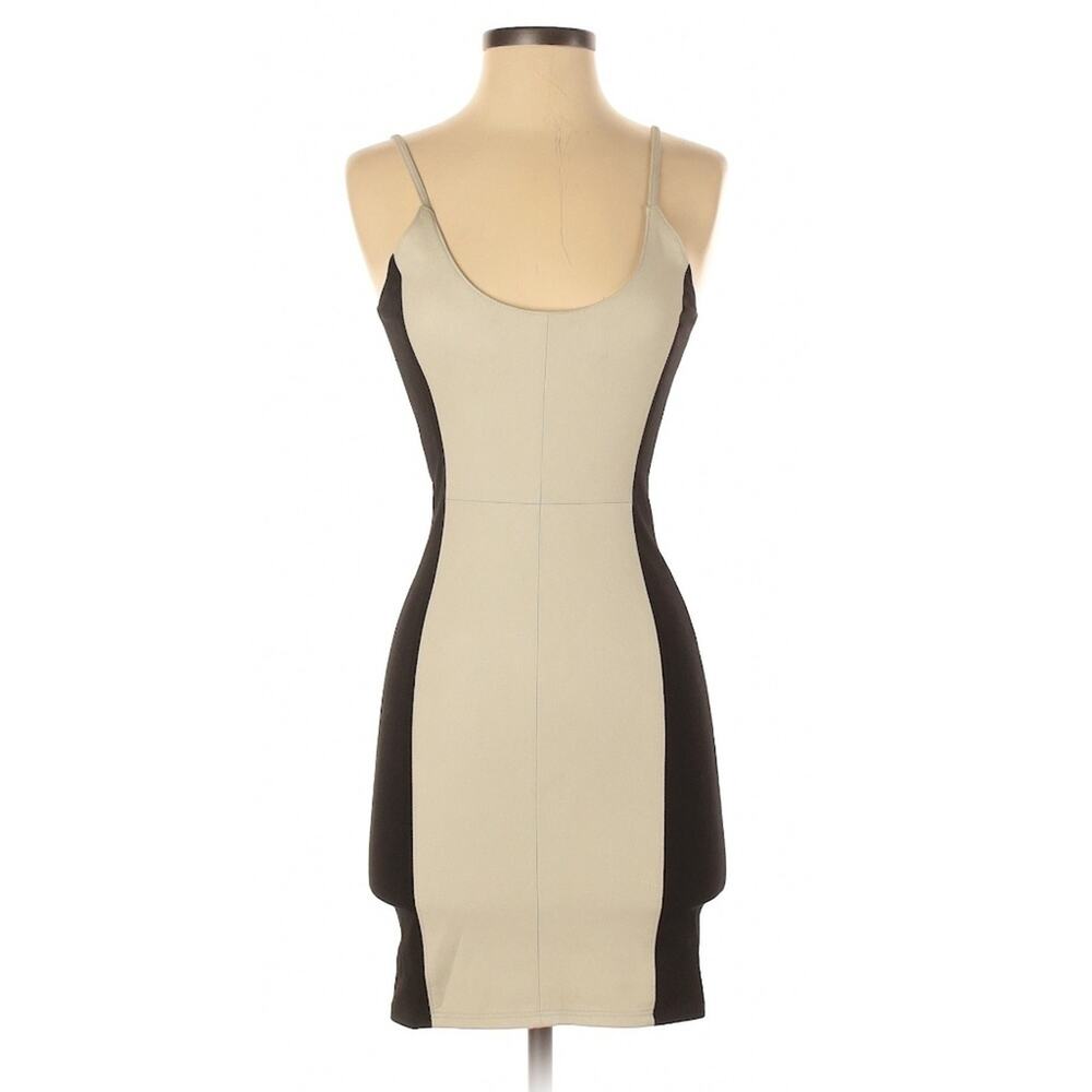 VEDA Colorblock Genuine Leather Slip Dress XS | Tan & Black Midi Minimalist